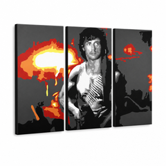 Tablou pictat manual POP Art Rambo 3 piese ram – Vizualizare 3D a tabloului pictat manual pe fundal alb. Culori dominante: negru, portocaliu, alb, roșu, gri.