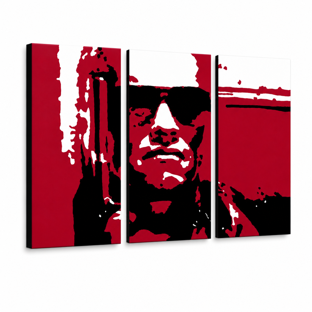 Tablou pictat manual POP Art Terminator 3 piese ter2 – Vizualizare 3D a tabloului pictat manual pe fundal alb. Culori dominante: roșu, negru, gri.