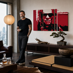 Tablou pictat manual POP Art Terminator 3 piese ter2 – tablou într-un interior modern masculin, vizualizare lifestyle. Culori dominante: roșu, negru, gri.
