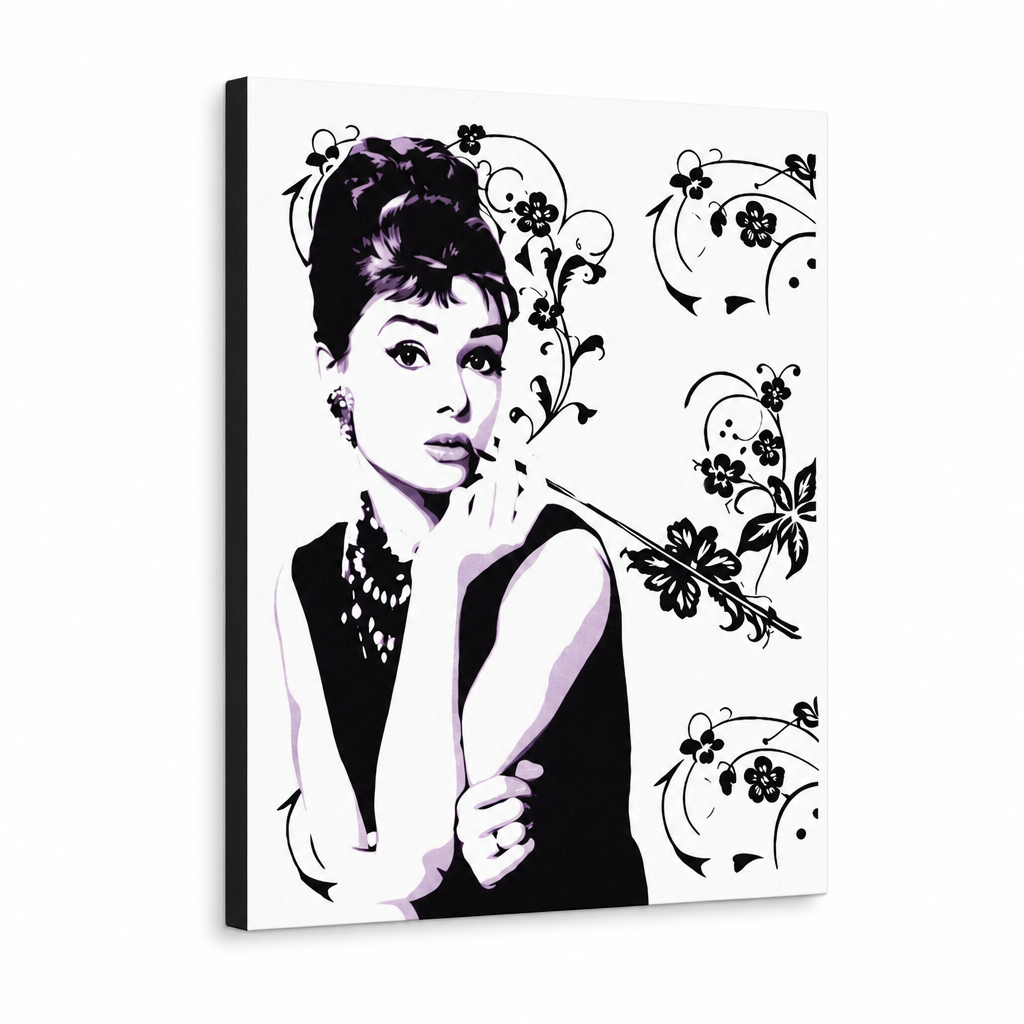Tablou POP ART pictat manual a lui Audrey Hepburn ah5 – Vizualizare 3D a tabloului pictat manual pe fundal alb. Culori dominante: negru, alb, mov.