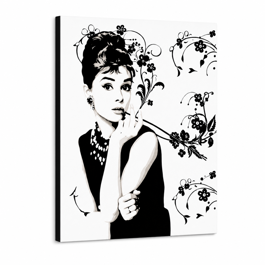 Tablou POP ART pictat manual a lui Audrey Hepburn ah6 – Vizualizare 3D a tabloului pictat manual pe fundal alb. Culori dominante: negru, gri, roz.