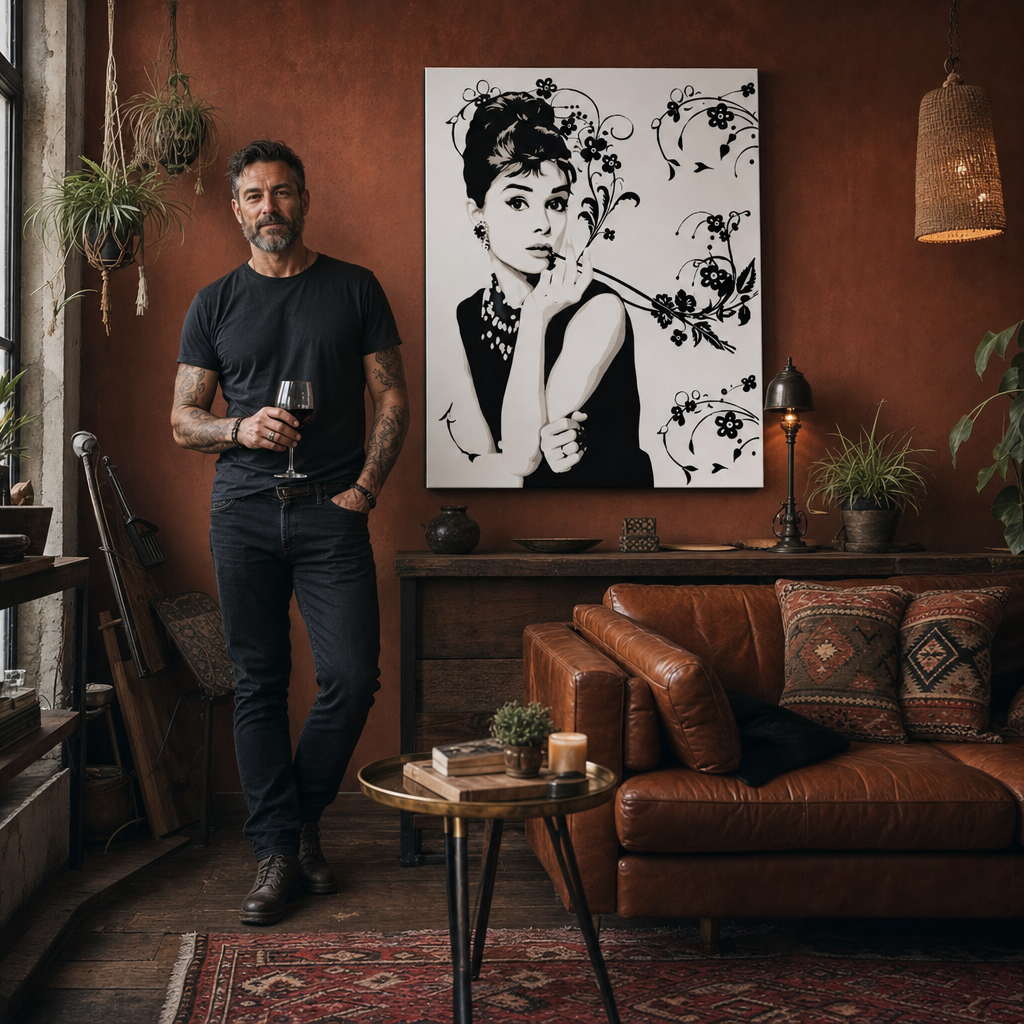 Tablou POP ART pictat manual a lui Audrey Hepburn ah6 – tablou într-un interior modern masculin, vizualizare lifestyle. Culori dominante: negru, gri, roz.