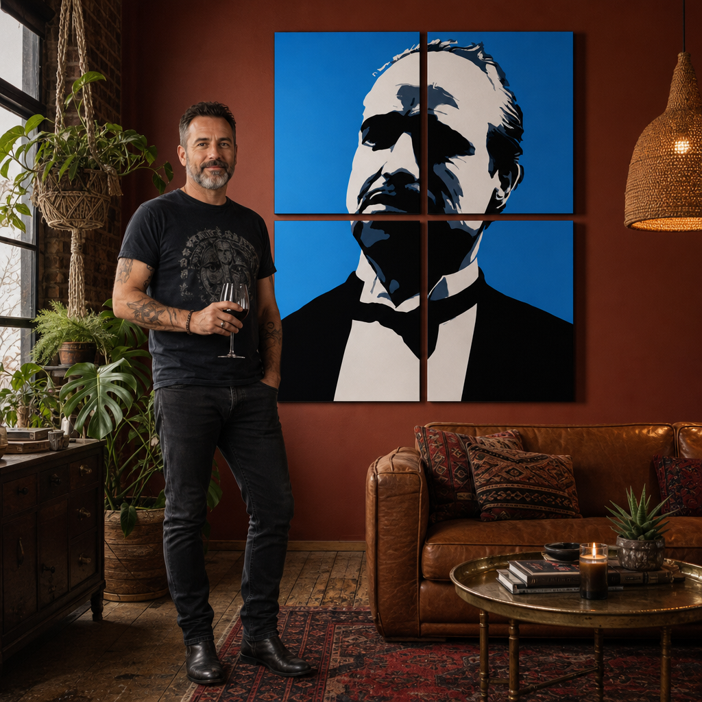 Tablou POP ART pictat manual a lui Marlon Brando 4 părți mb4 – tablou într-un interior modern masculin, vizualizare lifestyle. Culori dominante: albastru, negru, alb.