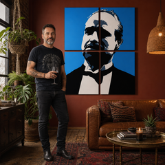 Tablou POP ART pictat manual a lui Marlon Brando 4 părți mb4 – tablou într-un interior modern masculin, vizualizare lifestyle. Culori dominante: albastru, negru, alb.