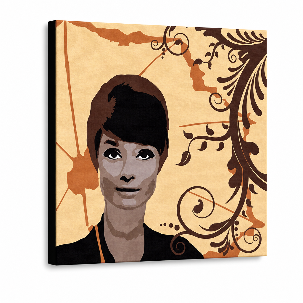 Tablou POP ART pictat manual de Audrey Hepburn 1 bucată ah7 – Vizualizare 3D a tabloului pictat manual pe fundal alb. Culori dominante: maro, portocaliu, negru.