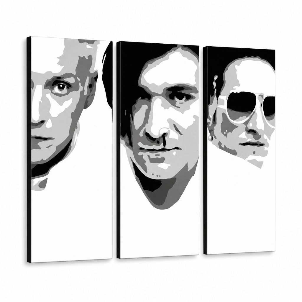 Tablou POP ART pictat manual Die Ärzte 3 părți da2 – Vizualizare 3D a tabloului pictat manual pe fundal alb. Culori dominante: negru, alb, gri.