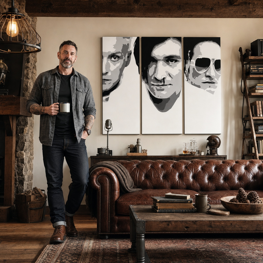 Tablou POP ART pictat manual Die Ärzte 3 părți da2 – tablou într-un interior modern masculin, vizualizare lifestyle. Culori dominante: negru, alb, gri.