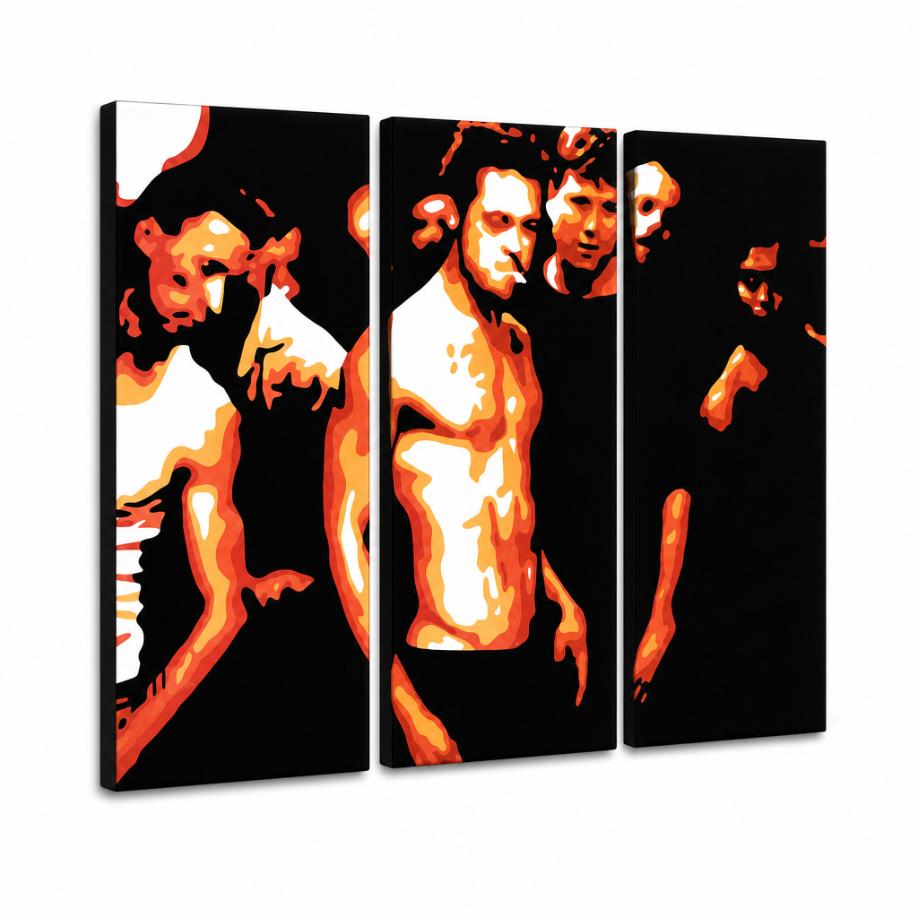 Tablou POP ART pictat manual Fight Club 3 părți fc2 – Vizualizare 3D a tabloului pictat manual pe fundal alb. Culori dominante: negru, portocaliu, alb.