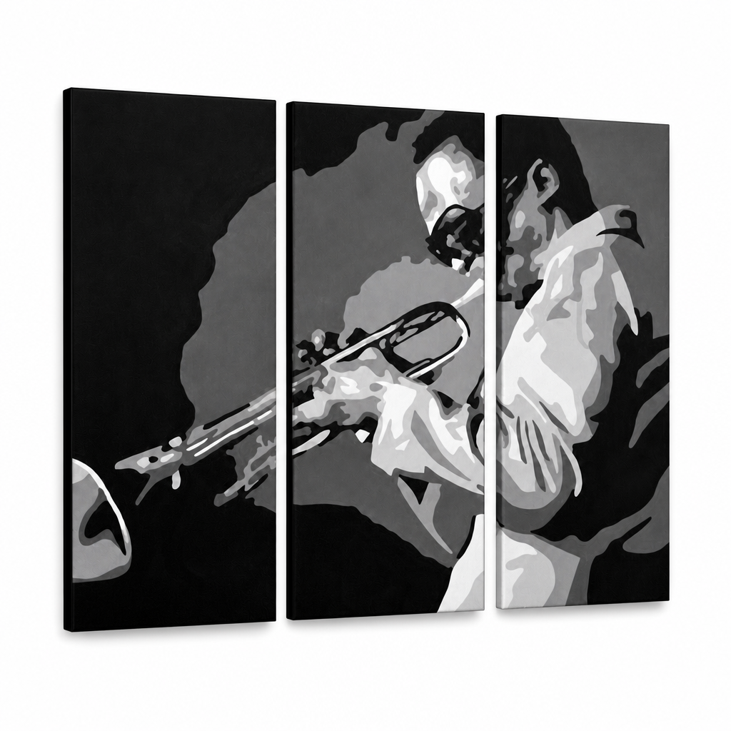 Tablou POP ART pictat manual Miles Davis 3 piese md – Vizualizare 3D a tabloului pictat manual pe fundal alb. Culori dominante: negru, alb, gri.