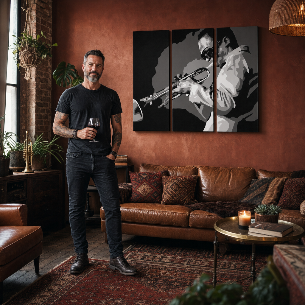 Tablou POP ART pictat manual Miles Davis 3 piese md – tablou într-un interior modern masculin, vizualizare lifestyle. Culori dominante: negru, alb, gri.