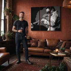 Tablou POP ART pictat manual Miles Davis 3 piese md – tablou într-un interior modern masculin, vizualizare lifestyle. Culori dominante: negru, alb, gri.