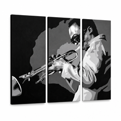 Tablou POP ART pictat manual Miles Davis 3 piese md – Vizualizare 3D a tabloului pictat manual pe fundal alb. Culori dominante: negru, alb, gri.