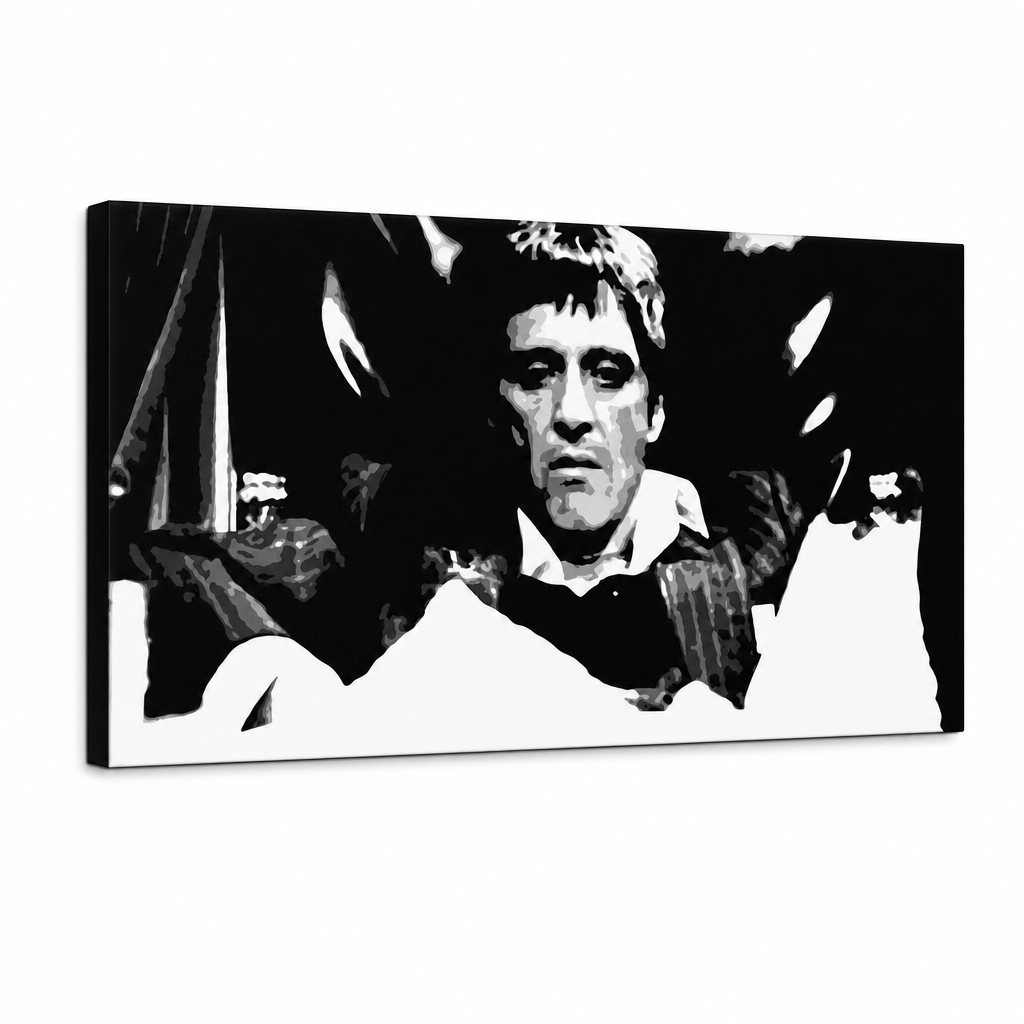 Tablou POP ART pictat manual Scarface 1 parte smk – Vizualizare 3D a tabloului pictat manual pe fundal alb. Culori dominante: negru, alb, gri.
