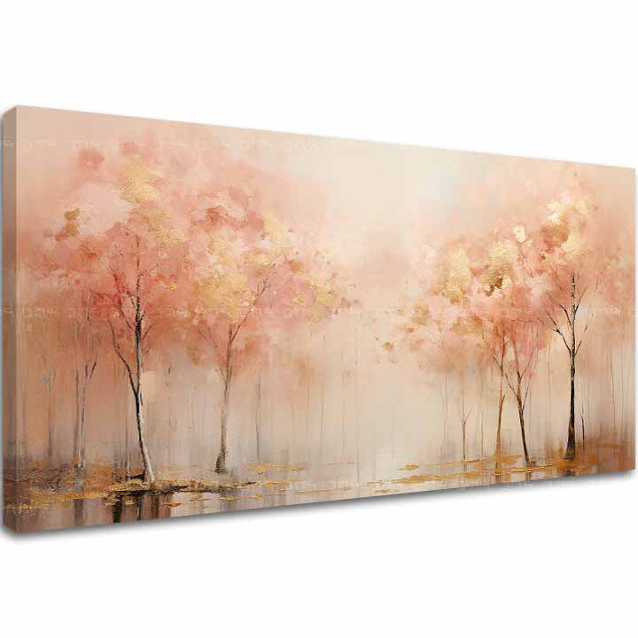 Pictat manual tablou pe pânză cu motivul copaci, pădure, reflexie pe apă, ceață ușoară, peisaj în bej-roz nuanțe, atmosferă liniștită, potrivit pentru bucătărie – principală