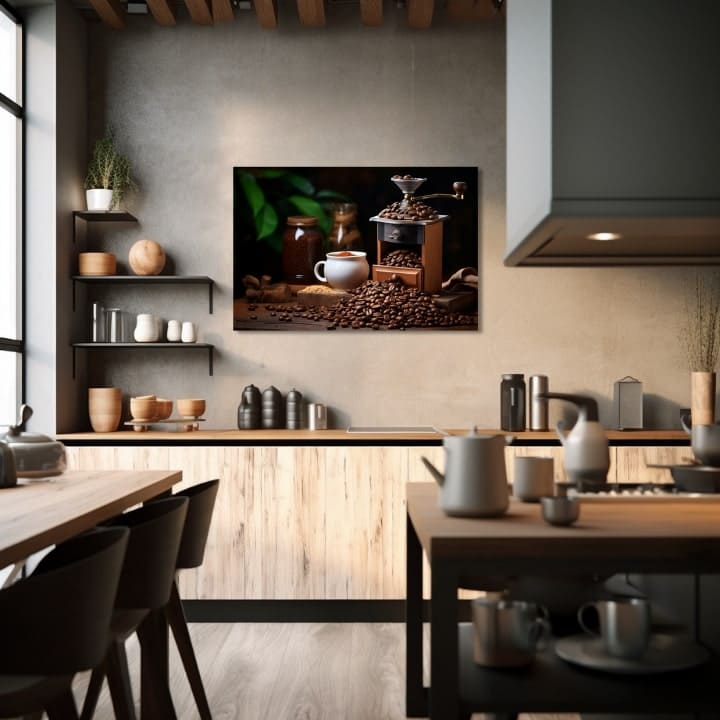 Modern tablou pe pânză cu motivul Chuť Slobody, ceașcă de cafea în maro-verde nuanțe, atmosferă confortabilă, potrivit pentru bucătărie | De cafea tablouri pentru bucătărie Chuť Slobody – produs