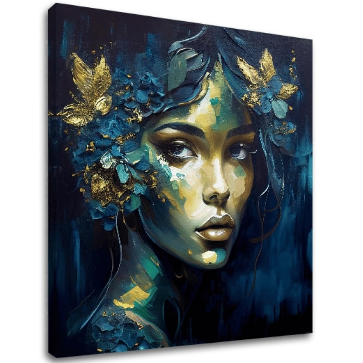 Art deco tablou pe pânză cu motivul Feminine Grace in Motion, flori, fluturi, accente aurii, natură în albastru-verde nuanțe, potrivit pentru birou de lucru – principală