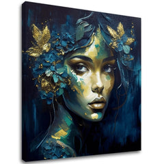 Art deco tablou pe pânză cu motivul Feminine Grace in Motion, flori, fluturi, accente aurii, natură în albastru-verde nuanțe, potrivit pentru birou de lucru – principală