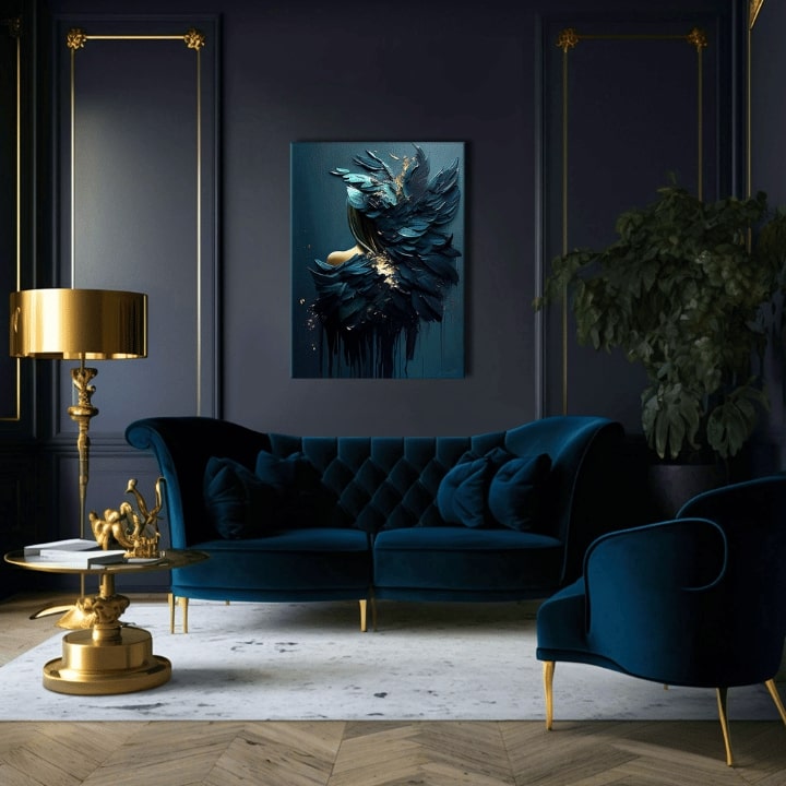 Art deco tablou pe pânză cu motivul Feminine Touch of Angelic Beauty, accente aurii în albastru-verde nuanțe, atmosferă melancolică, potrivit pentru birou de lucru – produs, vedere 3