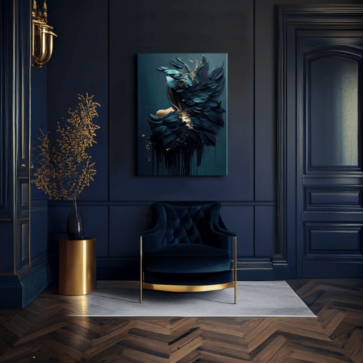 Art deco tablou pe pânză cu motivul Feminine Touch of Angelic Beauty, accente aurii în albastru-verde nuanțe, atmosferă melancolică, potrivit pentru birou de lucru – produs