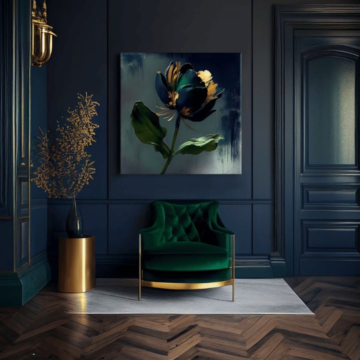 Industrial tablou pe pânză cu motivul Garden's Vibrant Heartbeat, floare, lalea, frunze, peisaj în albastru-gri nuanțe, atmosferă elegantă – produs, vedere 3