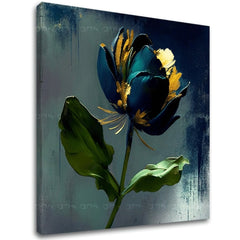 Industrial tablou pe pânză cu motivul Garden's Vibrant Heartbeat, floare, lalea, frunze, peisaj în albastru-gri nuanțe, atmosferă elegantă – principală