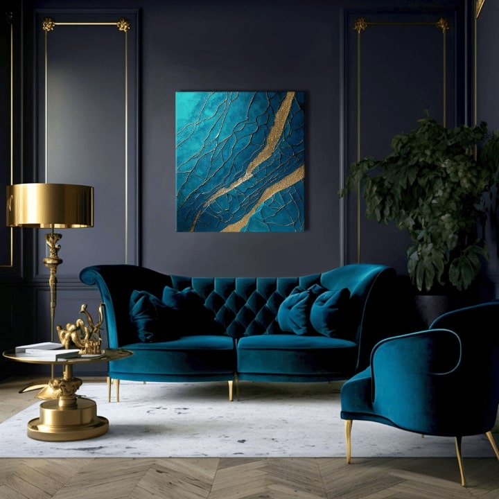 Pop art tablou pe pânză cu motivul Infinite Layers of Abstraction în turcoaz-auriu nuanțe, atmosferă elegantă, impresie de lux și natură – produs, vedere 2