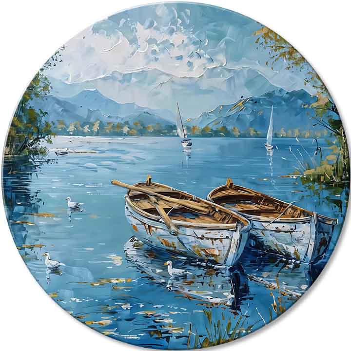 Pictat manual tablou pe pânză cu motivul Navždy spolu, lac, munți în albastru-verde nuanțe, atmosferă liniștită, natură | Rotund tablouri s akrylom Navždy spolu – principală