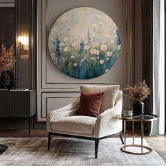 Pictat manual tablou pe pânză cu motivul Pravá eleganță, pajiște, atmosferă liniștită, natură și atmosferă de primăvară | Rotund tablouri s akrylom Pravá eleganță – produs
