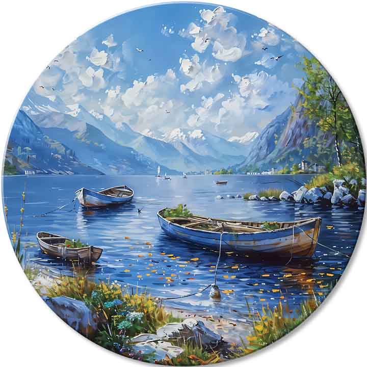 Pictat manual tablou pe pânză cu motivul Alpské Člny, lac, munți, cer, nori în albastru nuanțe, atmosferă liniștită, natură | Rotund tablouri s akrylom Alpské Člny – principală