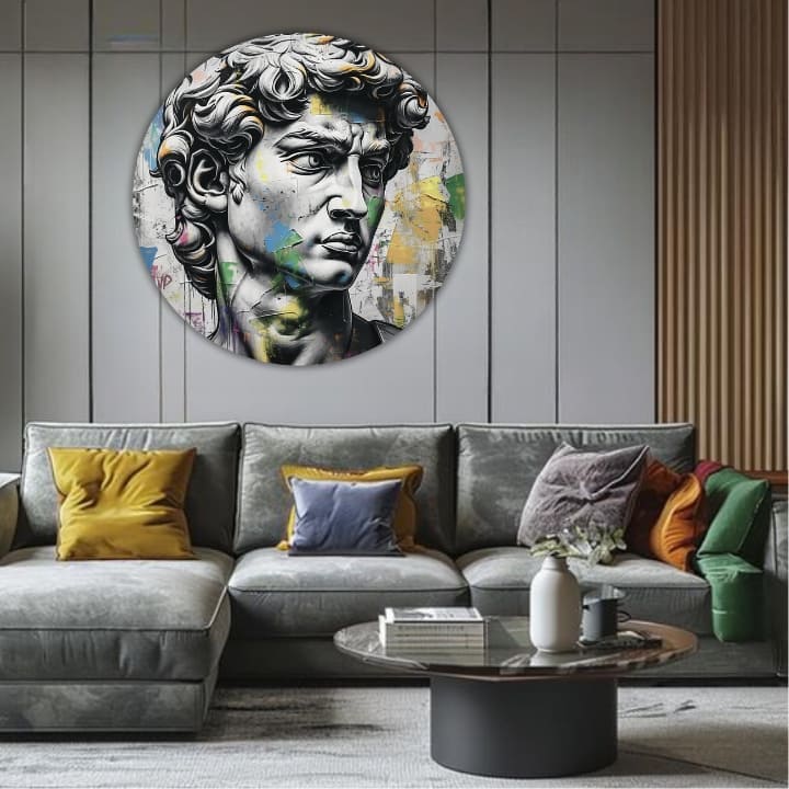 Pop art tablou pe pânză cu motivul Antický vedere Davida în albastru-roz nuanțe, atmosferă intensă, timp, potrivit pentru birou | Rotund tablouri s akrylom Antický vedere Davida – produs, vedere 2