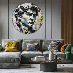 Pop art tablou pe pânză cu motivul Antický vedere Davida în albastru-roz nuanțe, atmosferă intensă, timp, potrivit pentru birou | Rotund tablouri s akrylom Antický vedere Davida – produs, vedere 2