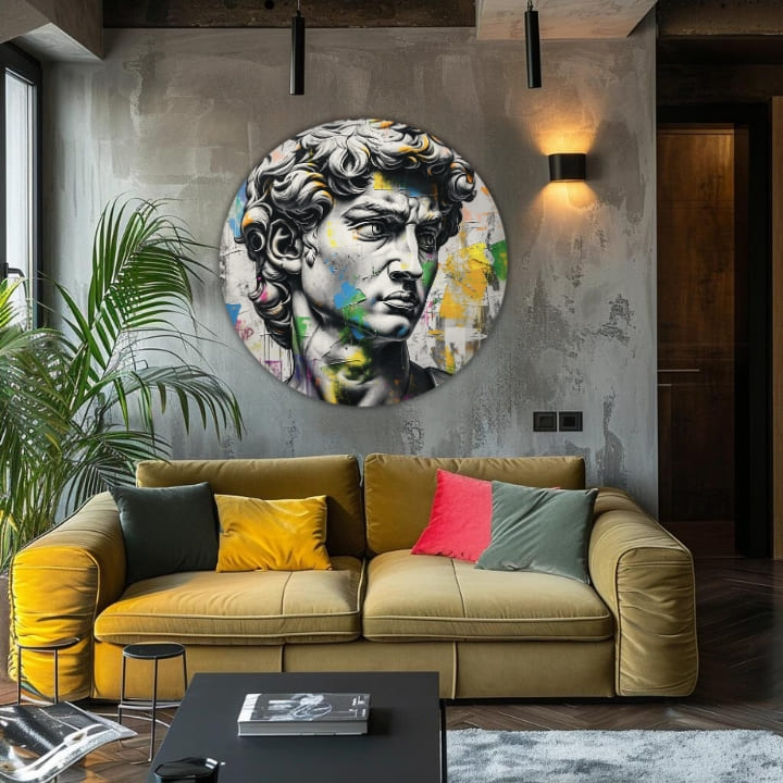 Pop art tablou pe pânză cu motivul Antický vedere Davida în albastru-roz nuanțe, atmosferă intensă, timp, potrivit pentru birou | Rotund tablouri s akrylom Antický vedere Davida – produs
