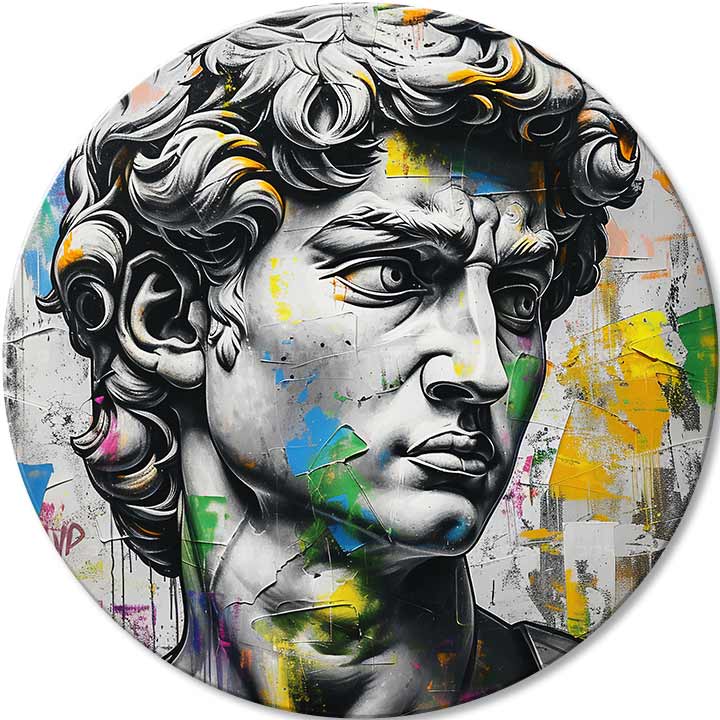 Pop art tablou pe pânză cu motivul Antický vedere Davida în albastru-roz nuanțe, atmosferă intensă, timp, potrivit pentru birou | Rotund tablouri s akrylom Antický vedere Davida – principală