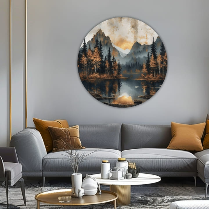 Pop art tablou pe pânză cu motivul Súmrak v tichom údolí, munți, pădure, lac, apus de soare în albastru-portocaliu nuanțe, atmosferă liniștită, potrivit pentru sufragerie – produs, vedere 2