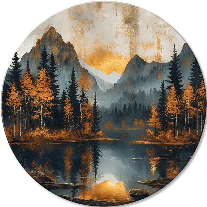 Pop art tablou pe pânză cu motivul Súmrak v tichom údolí, munți, pădure, lac, apus de soare în albastru-portocaliu nuanțe, atmosferă liniștită, potrivit pentru sufragerie – principală