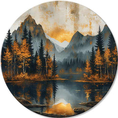 Pop art tablou pe pânză cu motivul Súmrak v tichom údolí, munți, pădure, lac, apus de soare în albastru-portocaliu nuanțe, atmosferă liniștită, potrivit pentru sufragerie – principală