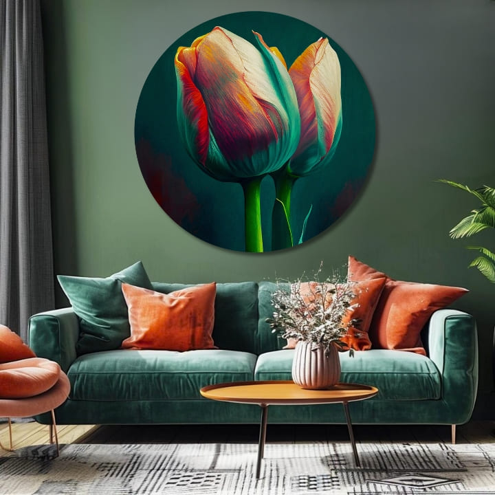 Pop art tablou pe pânză cu motivul Manželský slub, lalele, flori, natură în albastru-portocaliu nuanțe, atmosferă elegantă, natură și atmosferă de primăvară – produs