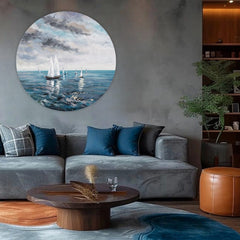 Pictat manual tablou pe pânză cu motivul Azúrové horizonty, ocean, cer, nori, motiv pentru copii în alb-albastru nuanțe, atmosferă liniștită – produs, vedere 2