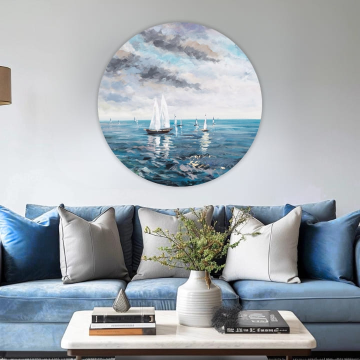 Pictat manual tablou pe pânză cu motivul Azúrové horizonty, ocean, cer, nori, motiv pentru copii în alb-albastru nuanțe, atmosferă liniștită – produs