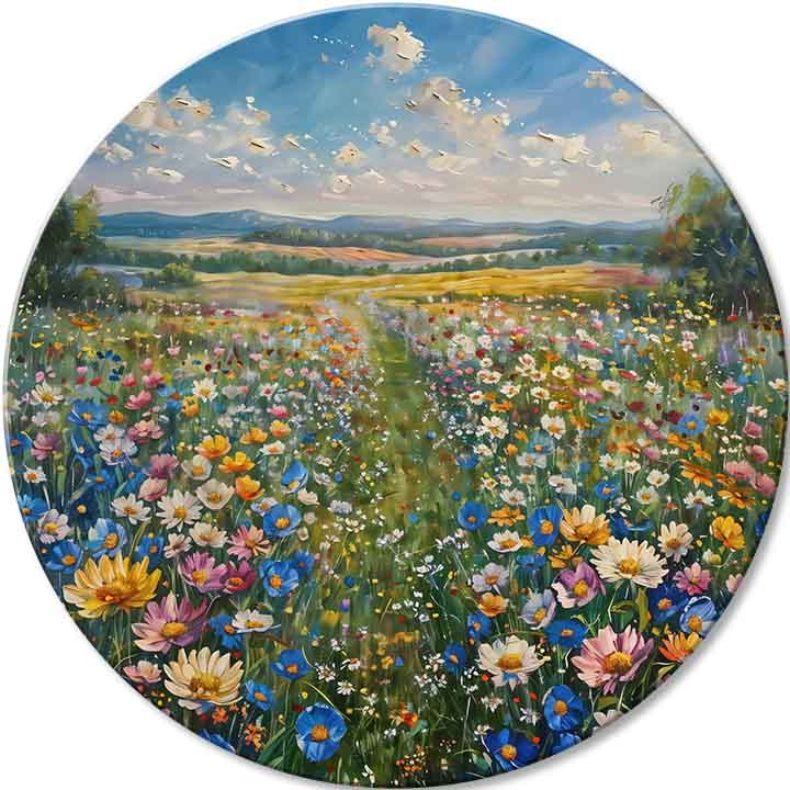 Pictat manual tablou pe pânză cu motivul Parfum Florilor, pajiște, potecă, cer în verde-albastru nuanțe, atmosferă veselă, natură și atmosferă de primăvară – principală