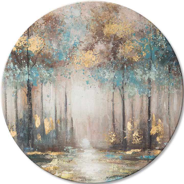 Pictat manual tablou pe pânză cu motivul Tajomstvá zlatého rána, copaci, pădure, potecă, ceață ușoară în bej-albastru nuanțe, atmosferă liniștită, potrivit pentru sufragerie – principală