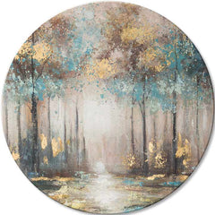 Pictat manual tablou pe pânză cu motivul Tajomstvá zlatého rána, copaci, pădure, potecă, ceață ușoară în bej-albastru nuanțe, atmosferă liniștită, potrivit pentru sufragerie – principală