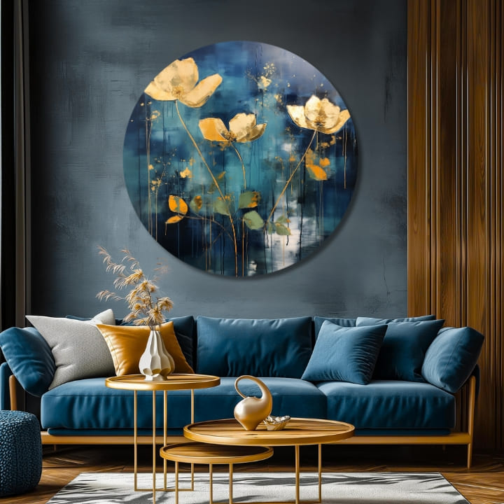 Pictat manual tablou pe pânză cu motivul Vzácny dar, flori, natură în albastru-auriu nuanțe, atmosferă elegantă, natură și impresie de lux, potrivit pentru dormitor – produs