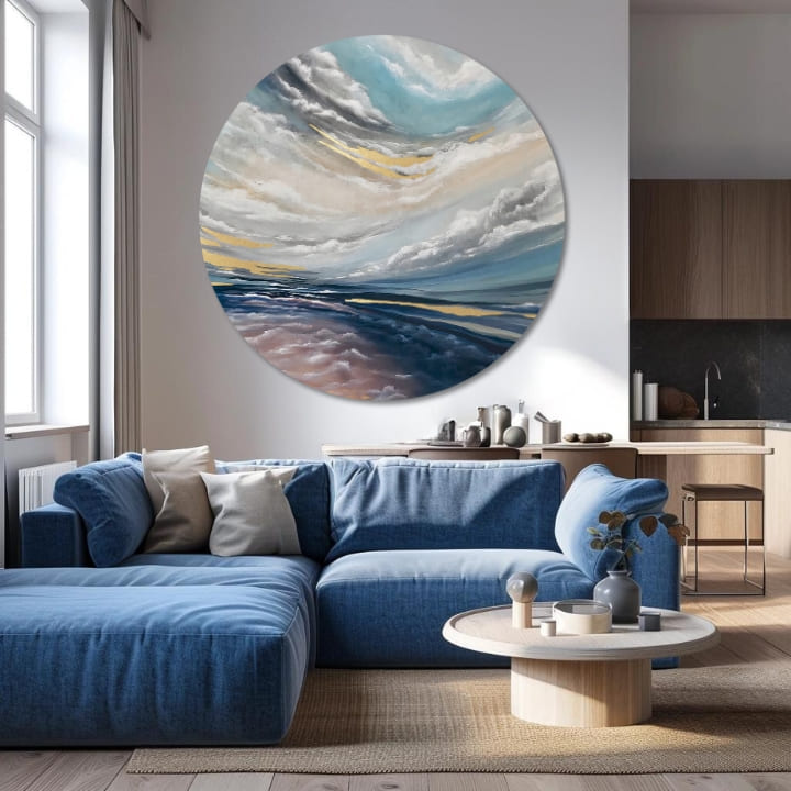 Pictat manual tablou pe pânză cu motivul Nový začiatok, nori, ocean, cer în bej-albastru nuanțe, atmosferă liniștită, natură, potrivit pentru sufragerie – produs