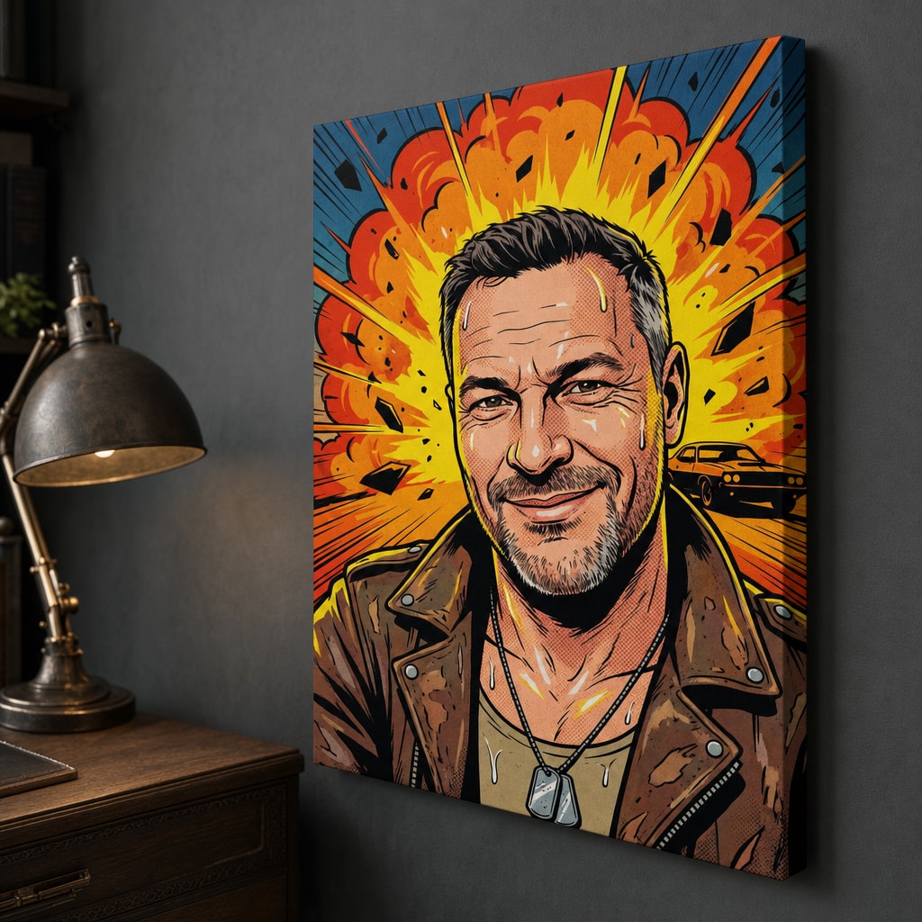 Tablou pop-art de acțiune pe pânză din lateral – șasiu de lemn 2 cm, imprimare pe muchie, fără ramă exterioară, Papilora