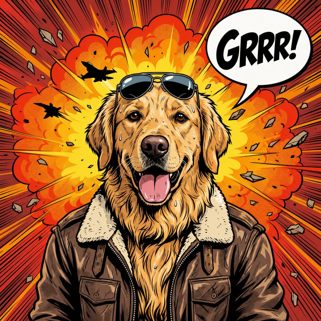 Tablou pop-art benzi desenate cu un câine din poză pe pânză – câine în geacă de pilot în fața unei explozii cu bula GRRR!, Papilora