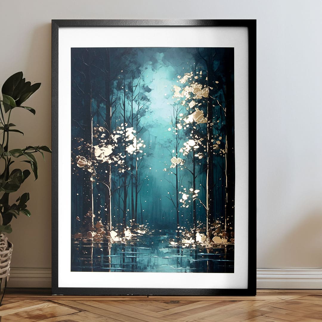 Modern tablou pe pânză cu motivul copaci, pădure, natură și mister | Poster de perete s EXTRA efektom - Mystic Trees – produs