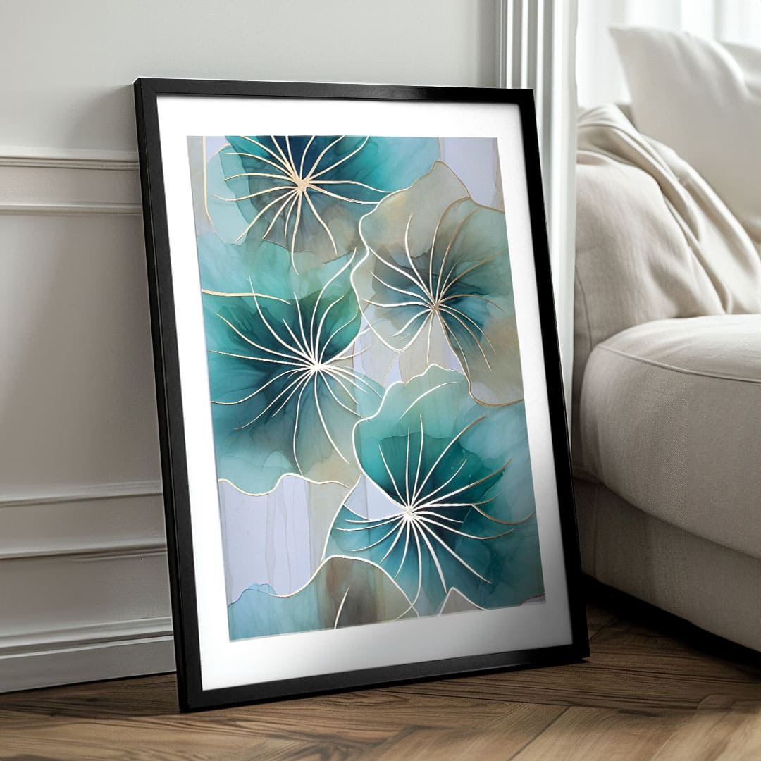 Modern tablou pe pânză cu motivul floare în turcoaz-auriu nuanțe, atmosferă liniștită, natură și creștere și dezvoltare | Poster de perete s EXTRA efektom - Floral Symphony – produs