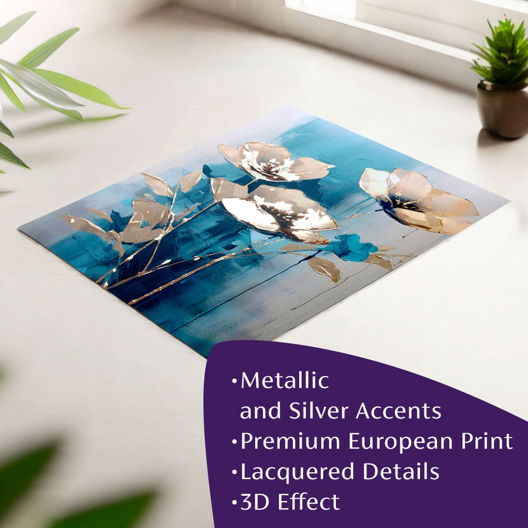 Modern tablou pe pânză în auriu-turcoaz nuanțe, atmosferă elegantă, natură și impresie de lux | Poster de perete s EXTRA efektom - Teal Flowers – principală