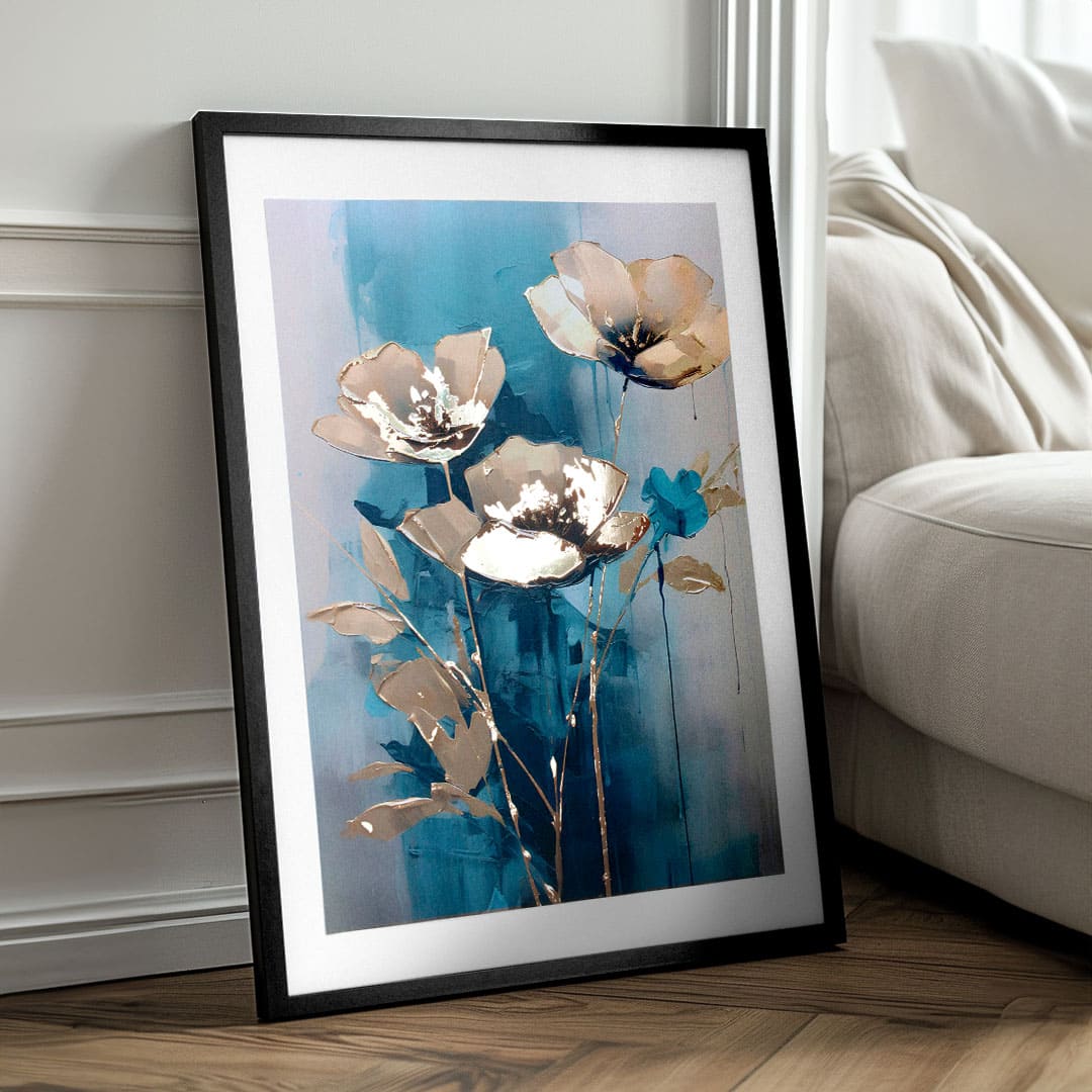 Modern tablou pe pânză în auriu-turcoaz nuanțe, atmosferă elegantă, natură și impresie de lux | Poster de perete s EXTRA efektom - Teal Flowers – produs